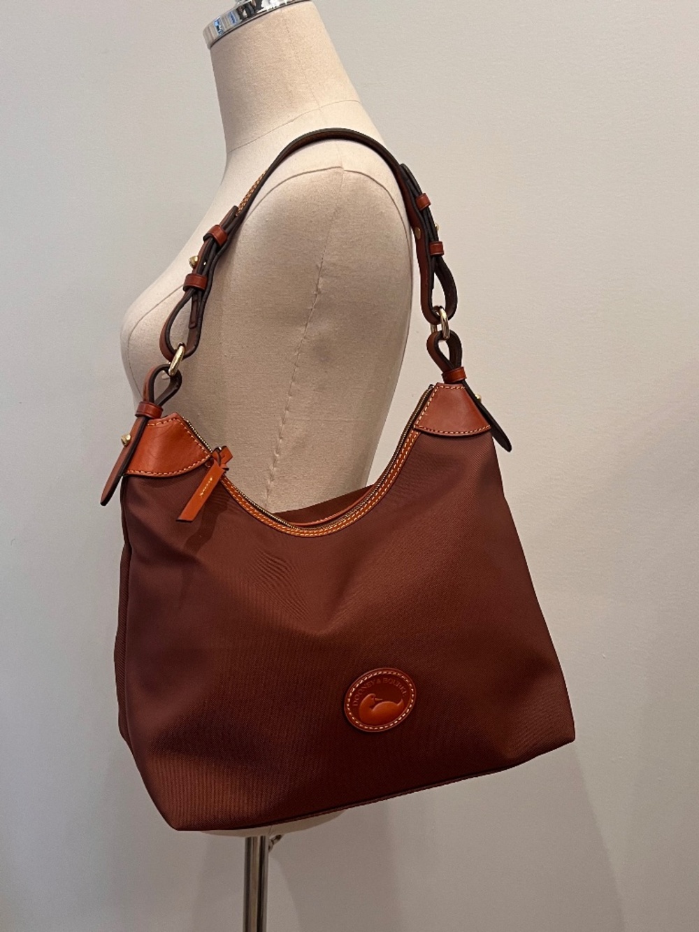 Dooney & Bourke Classic Brown Nylon Hobo Purse Vachetta Leather